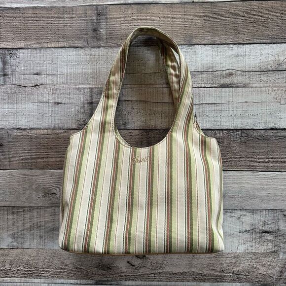 Fossil Y2K Striped Canvas Shoulder Bag Tote Green Brown Boho Casual Everyday - Picture 1 of 10
